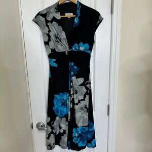 Jones Studio Womens Floral V-Neck Twist Waist Midi Dress Black Blue Grey Size 8